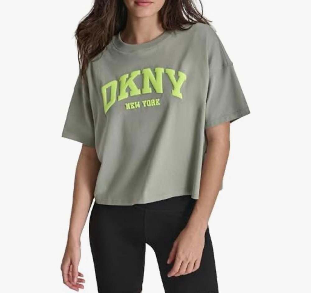 DKNY Sport Women's Cropped Logo T-Shirt Olive Green Size XL